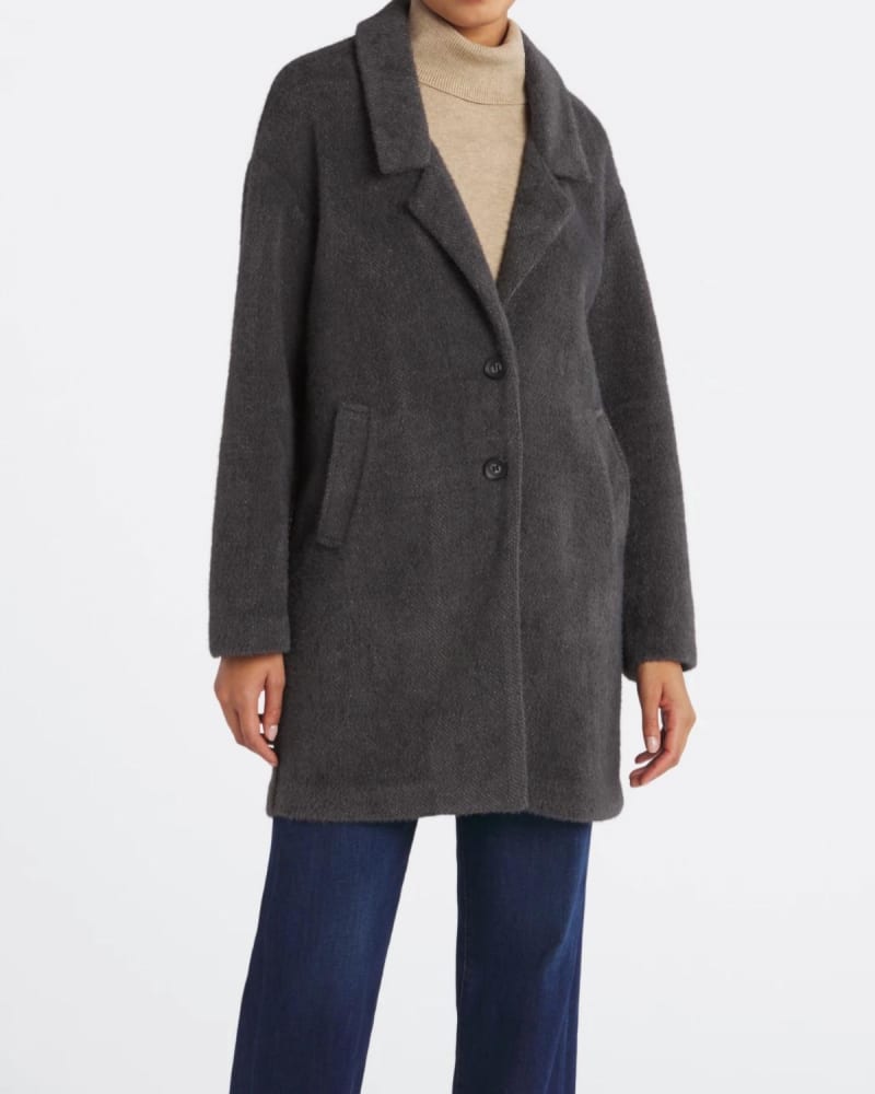 Front of a model wearing a size XL Sweeny Coat in Mineral in Mineral by Sanctuary. | dia_product_style_image_id:326535